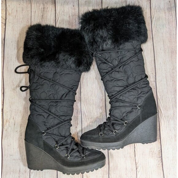 Coach Women Sofie Black Wedge Heel Lace Up High Platform Fur Trim Boots Size 8.5 - Picture 1 of 7